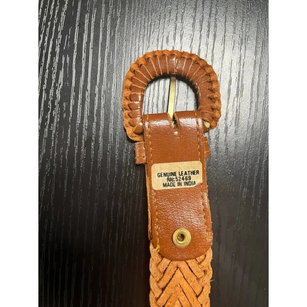 Unique Vintage Boho 90s Braided Leather Belt w/ Silver Metal Decorative Inserts